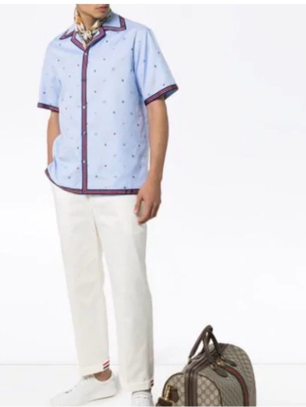 Gucci Web Trim Logo Print Bowling Shirt In 4990 Blue